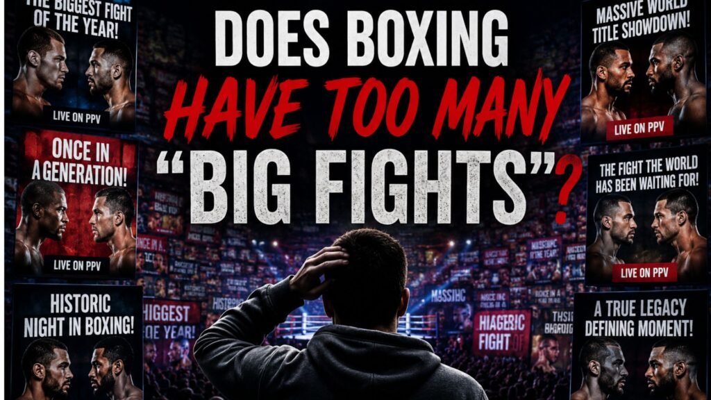 A boxing fan stands surrounded by promotional posters all claiming to be the biggest fight of the year, highlighting whether constant hype has diluted the meaning of truly special boxing events.