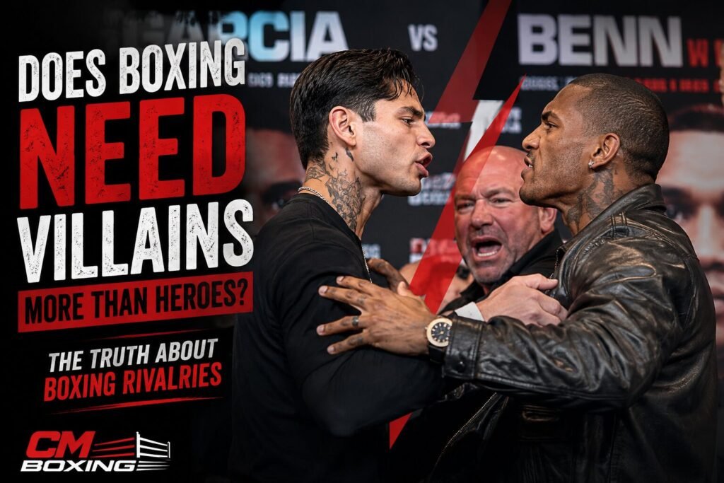 Ryan Garcia and Conor Benn clash during a heated press conference as security steps in ahead of their September world title fight, illustrating the debate around modern boxing rivalries.