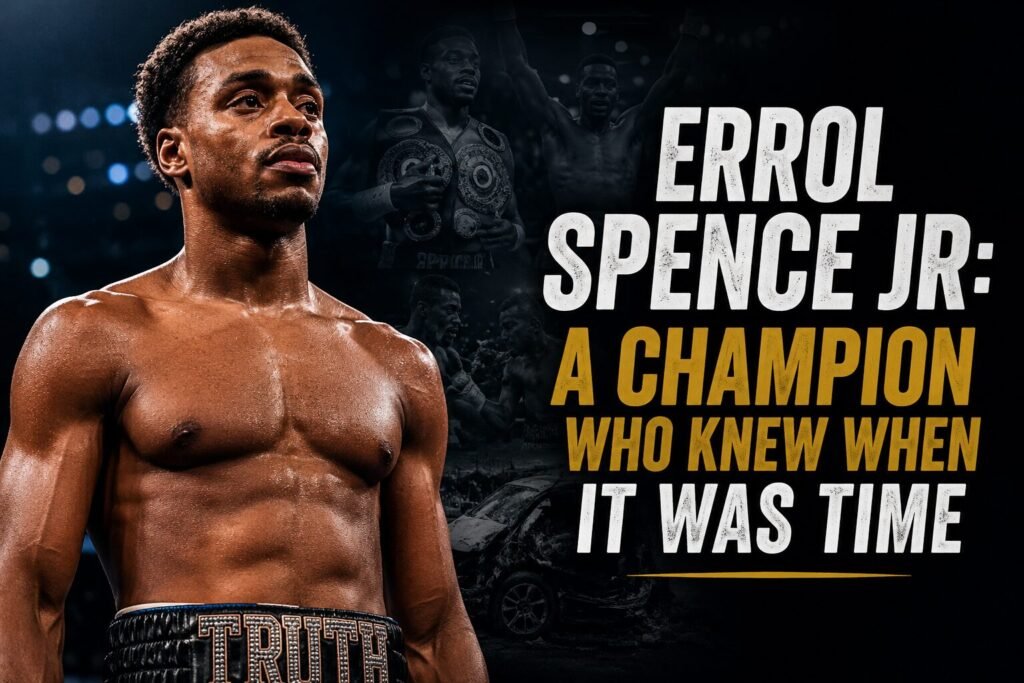 Errol Spence Jr stands in the ring alongside images from his championship career as the headline reads "A Champion Who Knew When It Was Time", celebrating his retirement from professional boxing.