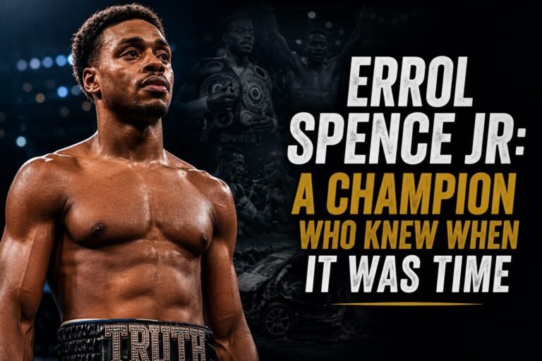 Errol Spence Jr stands in the ring alongside images from his championship career as the headline reads "A Champion Who Knew When It Was Time", celebrating his retirement from professional boxing.