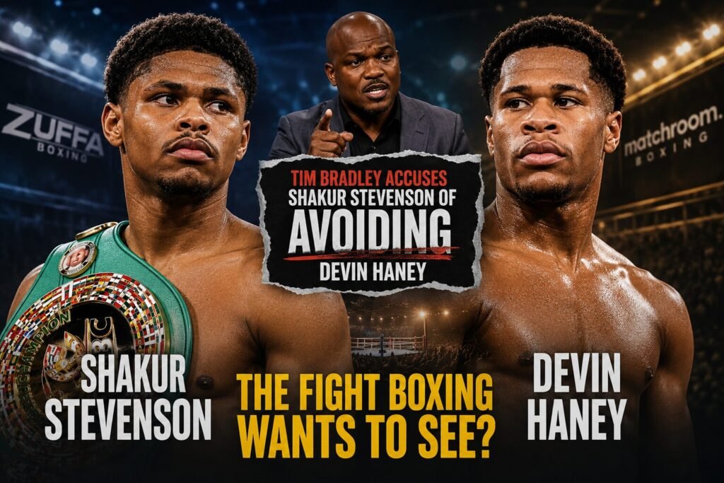 Shakur Stevenson and Devin Haney face each other in a dramatic boxing-themed graphic as Tim Bradley's criticism fuels debate over whether the long-awaited fight will happen.