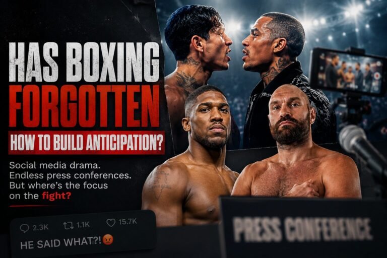 Boxing promotion feature image showing fighters at press conferences surrounded by cameras, social media reactions and the headline asking whether boxing has forgotten how to build anticipation.