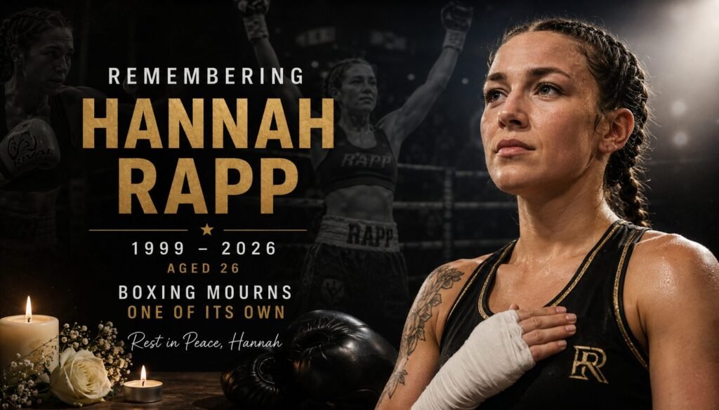 A respectful tribute image of American featherweight boxer Hannah Rapp in the ring, commemorating her life and career following her tragic death at the age of 26.