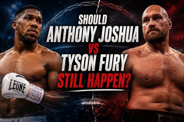 Anthony Joshua and Tyson Fury face each other in a dramatic heavyweight boxing promotional image questioning whether their long-awaited fight should still happen.