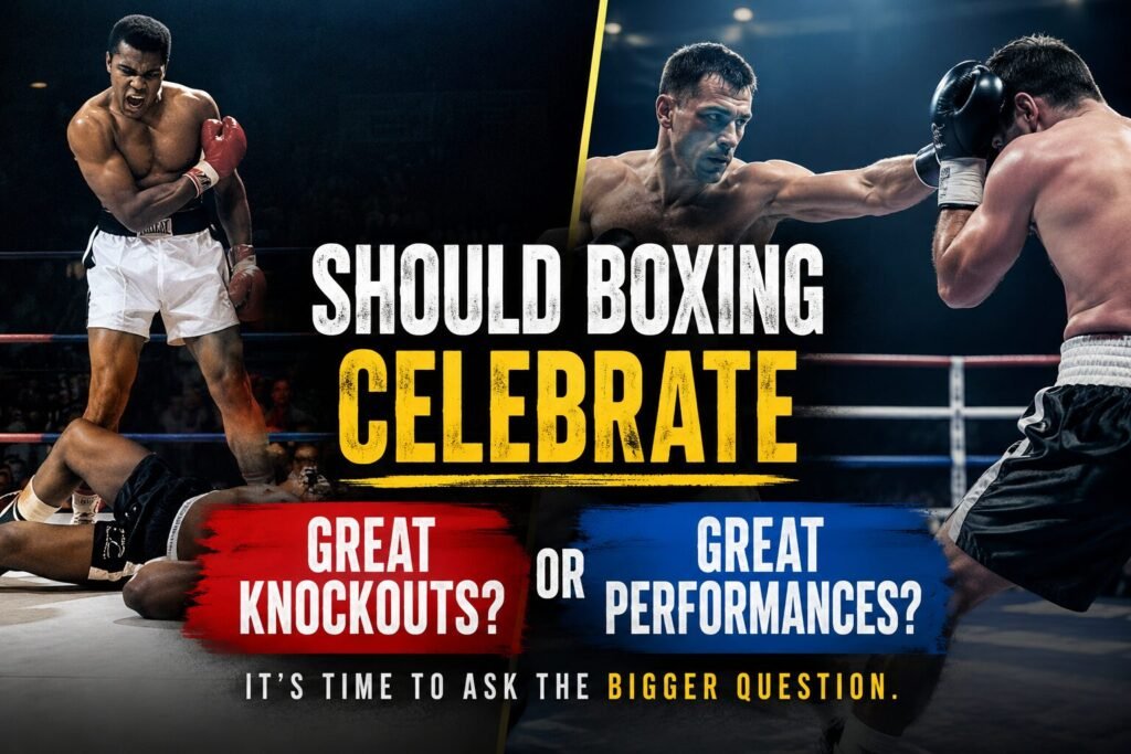 A split-image showing a dramatic boxing knockout on one side and a technical boxing masterclass on the other, illustrating the debate over whether boxing should celebrate great performances as much as great knockouts.