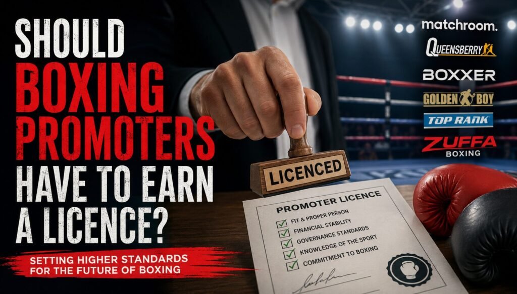 A boxing ring with a promoter's licence being stamped approved, symbolising the debate over whether boxing promoters should have to earn a licence before running professional events.