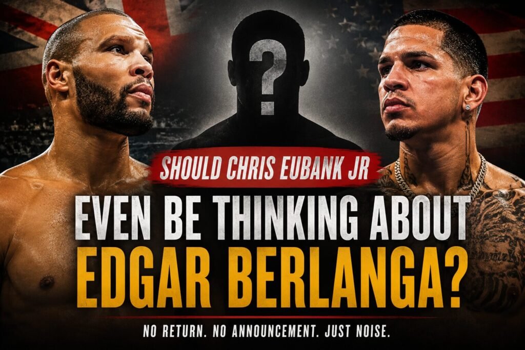 Chris Eubank Jr and Edgar Berlanga facing each other with a shadowed silhouette between them, questioning whether Eubank should return to boxing before discussing a potential fight.