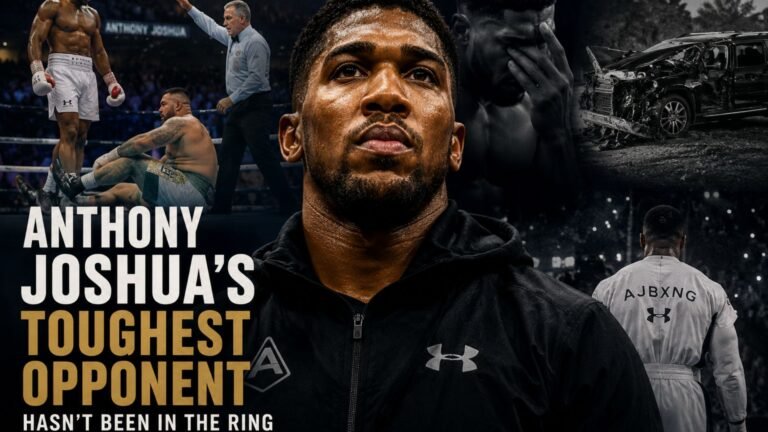 Anthony Joshua looking determined alongside key moments from his career, symbolising the personal and professional challenges he has faced since the Andy Ruiz defeat.