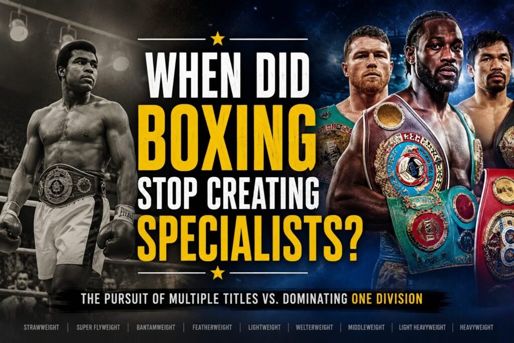 Vintage and modern boxing champions representing different boxing weight divisions, highlighting the debate between dominating one weight and chasing world titles across multiple divisions.