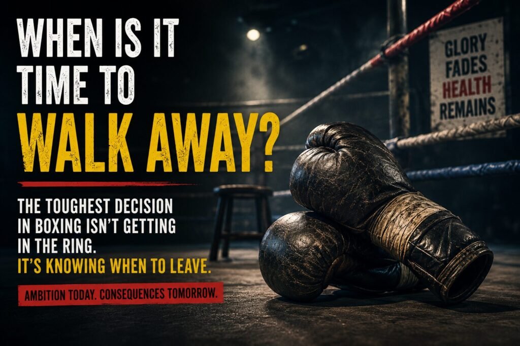 Worn boxing gloves resting on the canvas of an empty boxing ring, symbolising the difficult decision to retire and the long-term risks faced by professional boxers.
