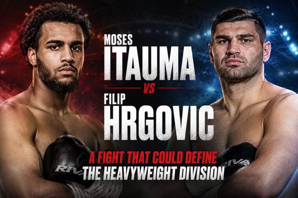Moses Itauma and Filip Hrgovic face off in a dramatic promotional image highlighting their crucial heavyweight boxing showdown.