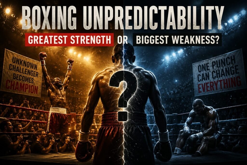 A dramatic boxing ring scene showing a central boxer standing between victory and defeat, representing the unpredictability of boxing with contrasting light and dark imagery.