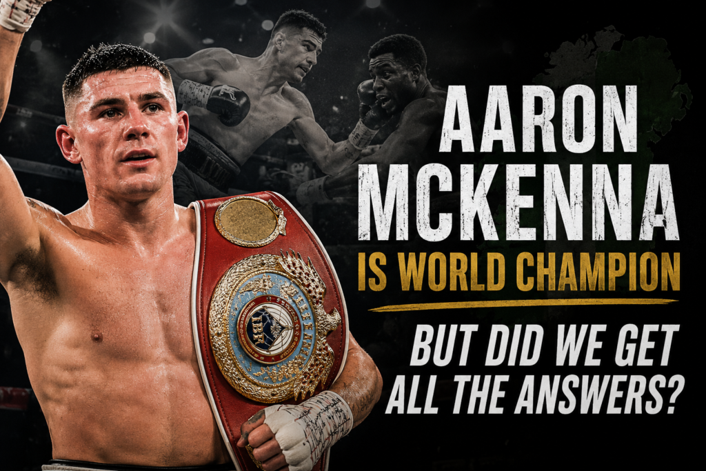 Aaron McKenna celebrates becoming IBF middleweight world champion after defeating Etinosa Oliha in Dublin.
