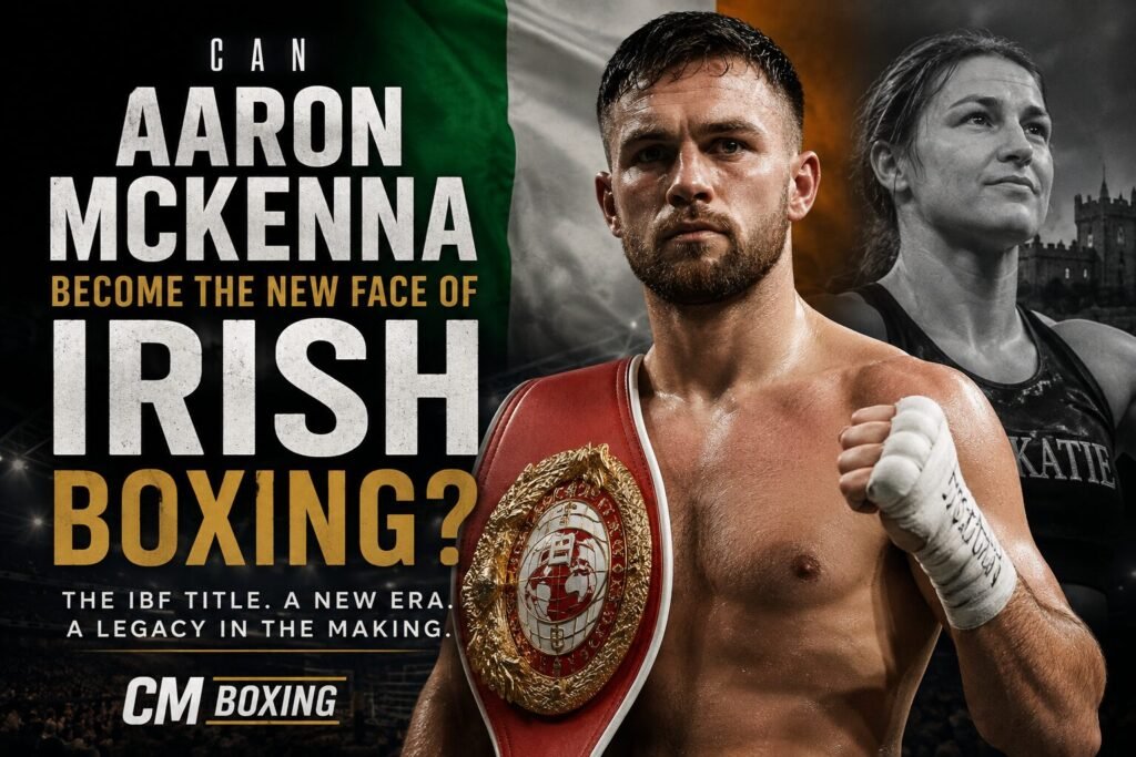 Aaron McKenna posing with an IBF championship belt against an Irish-themed background, representing his bid to become the new face of Irish boxing after Katie Taylor.