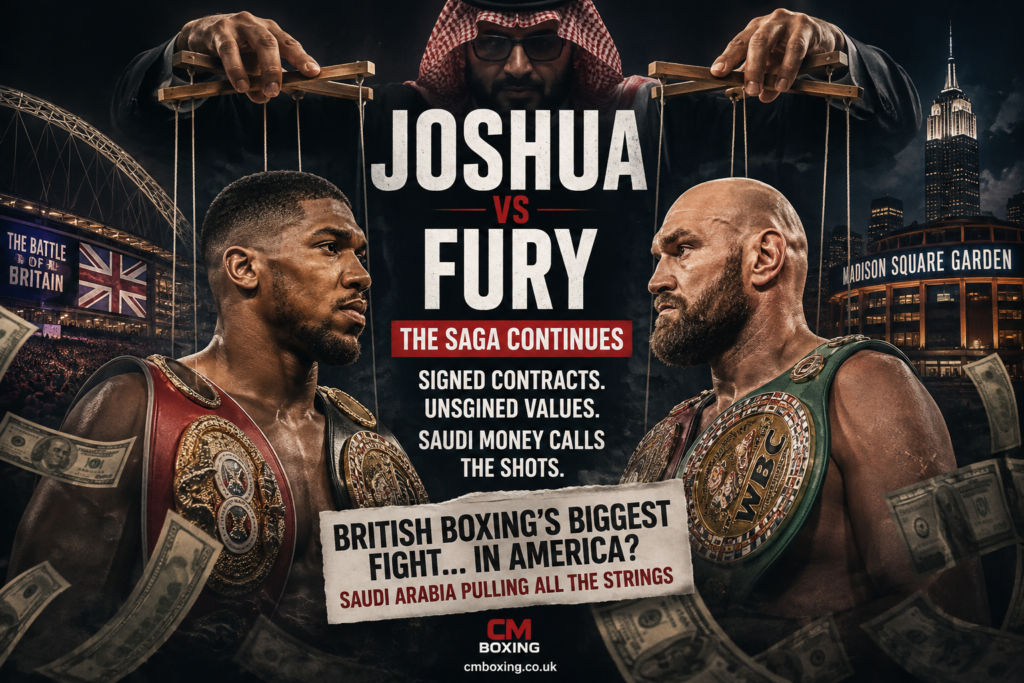 Anthony Joshua vs Tyson Fury feature image depicting Saudi Arabia pulling the strings over the proposed British heavyweight fight.