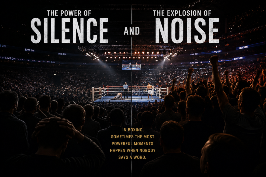Boxing atmosphere showing a packed arena contrasting the silence of a knockdown with the explosion of a cheering crowd