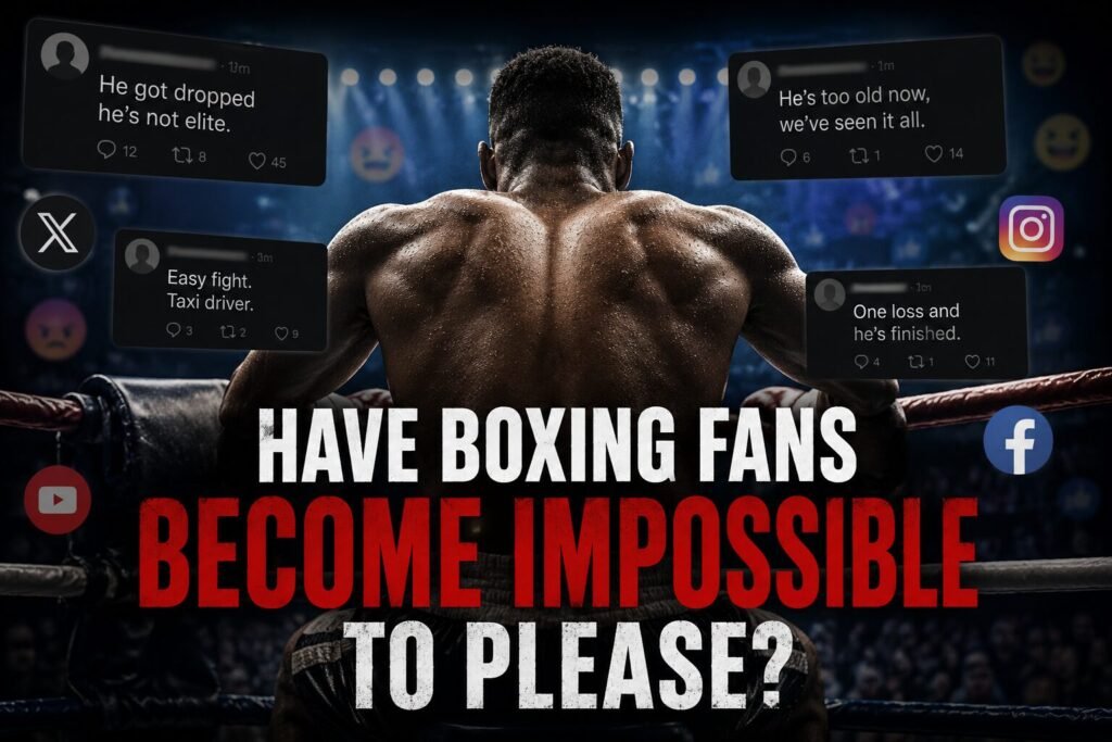 A boxer sits in his corner surrounded by negative social media comments, illustrating the debate over whether modern boxing fans have become impossible to please.