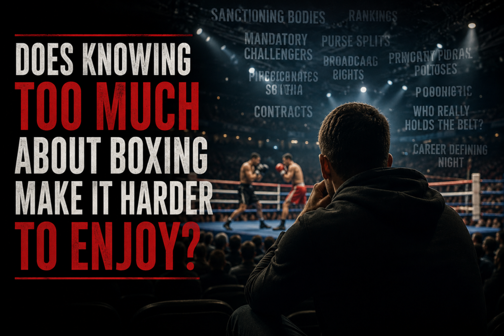Boxing fan watching a fight while thinking about rankings, mandatory challengers, purse splits and boxing politics.