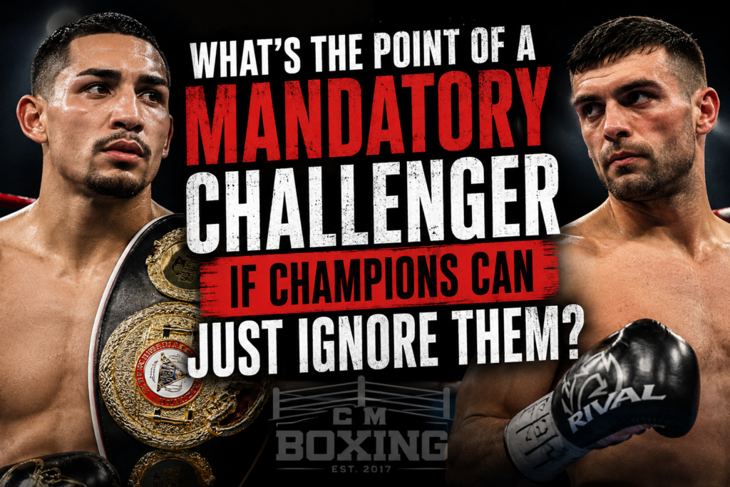 Teofimo Lopez and Jack Catterall feature image asking whether a boxing mandatory challenger can simply be ignored by a world champion.