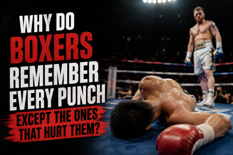 Boxing memory feature image showing a boxer down on the canvas after a heavy punch as his opponent stands nearby.