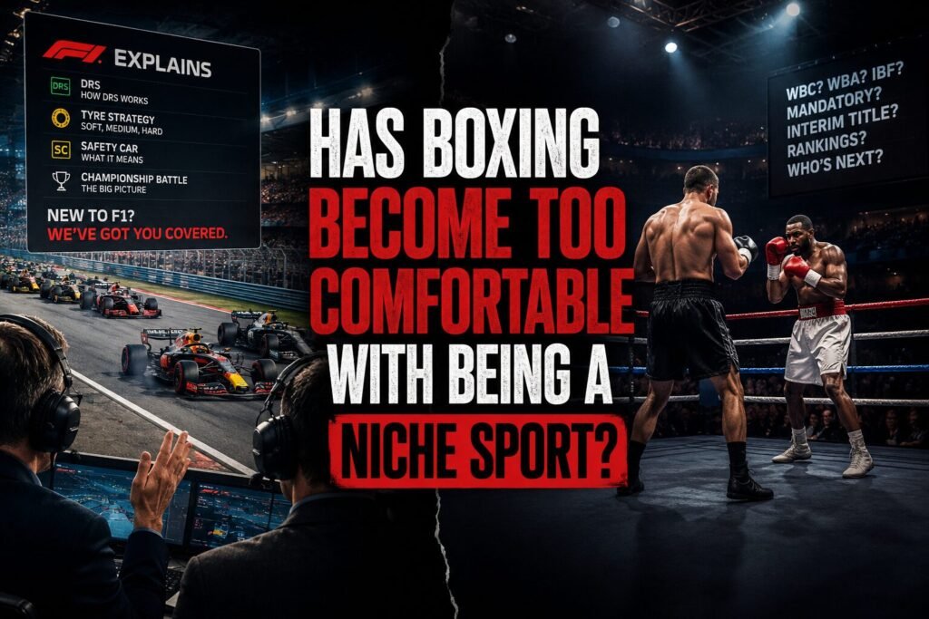 Two boxers compete under bright arena lights beside a Formula 1-inspired broadcast graphic, illustrating the debate over whether boxing does enough to attract and educate new fans.
