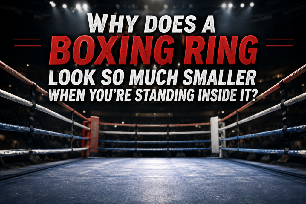 Boxing ring viewed from inside the ropes showing how small the fighting space can feel
