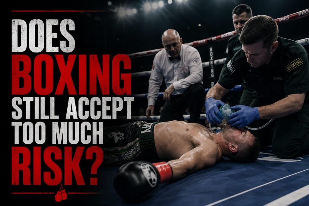 Medical staff administer oxygen to a boxer after a knockout as the article explores boxing safety, fighter welfare and the risks of professional boxing.