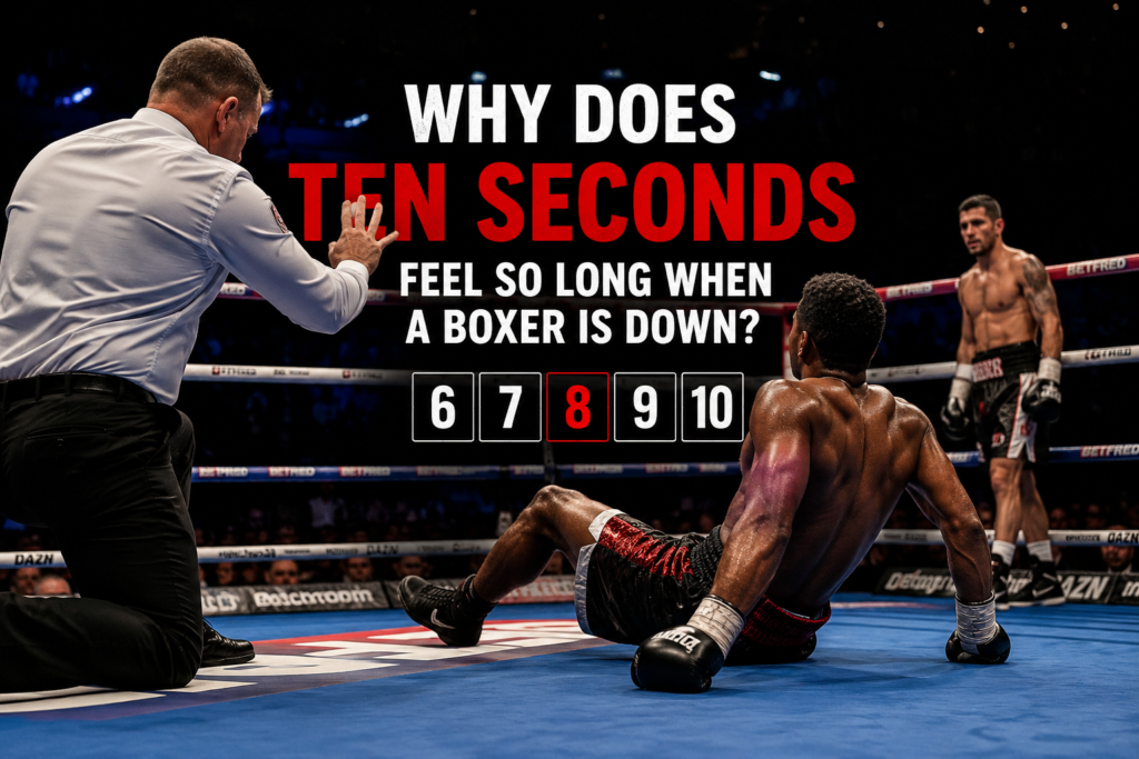Boxing ten count as a referee counts over a knocked-down fighter while his opponent waits in the neutral corner.