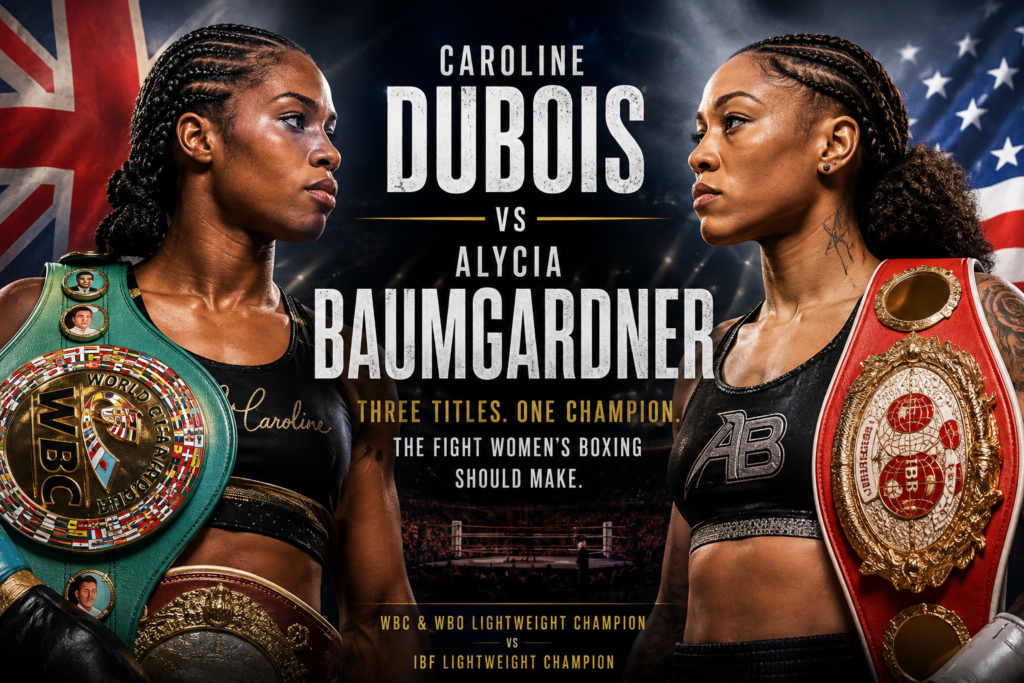 Caroline Dubois vs Alycia Baumgardner promotional image for a potential lightweight world title unification fight