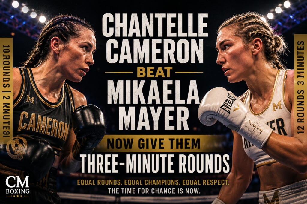 Chantelle Cameron and Mikaela Mayer promoting the argument for three-minute rounds in women's boxing