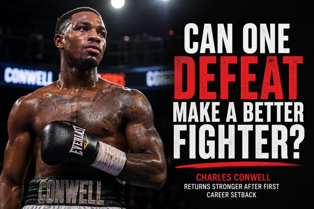 Charles Conwell celebrates after his comeback victory following the first defeat of his professional boxing career, illustrating how setbacks can shape a fighter's development.