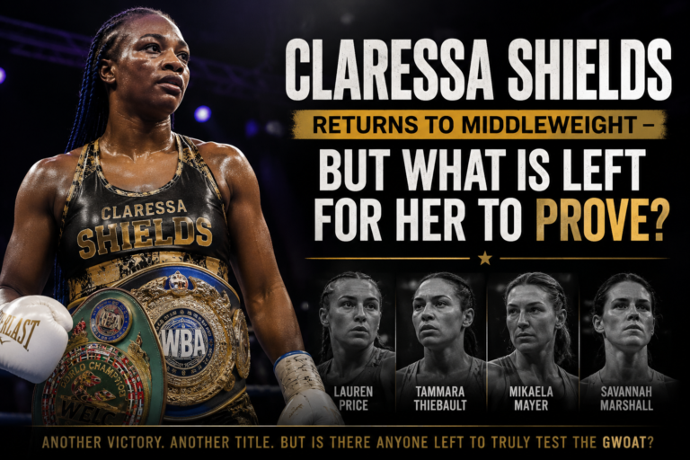 Claressa Shields returns to middleweight as potential future opponents Lauren Price, Tammara Thibeault, Mikaela Mayer and Savannah Marshall are pictured alongside her.