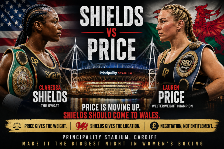 Claressa Shields vs Lauren Price feature image with the Principality Stadium in Cardiff and US and Welsh flags.