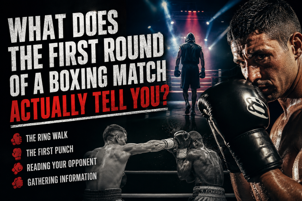 First round boxing feature image showing a boxer making the ring walk and fighters exchanging punches while reading their opponent.