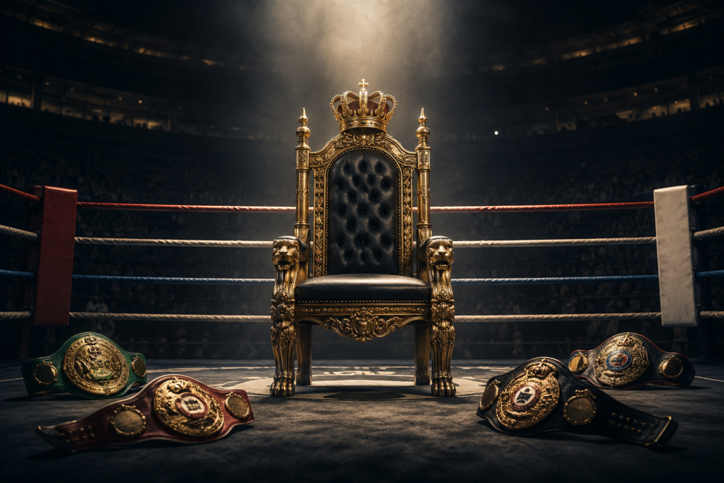 Vacant throne inside a boxing ring representing uncertainty over the future of the heavyweight boxing division