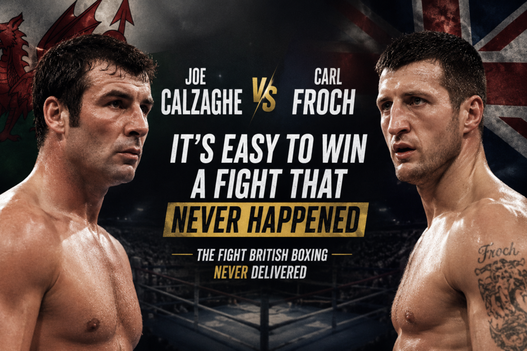 Joe Calzaghe and Carl Froch face off in a boxing graphic representing the hypothetical Joe Calzaghe vs Carl Froch fight that never happened.