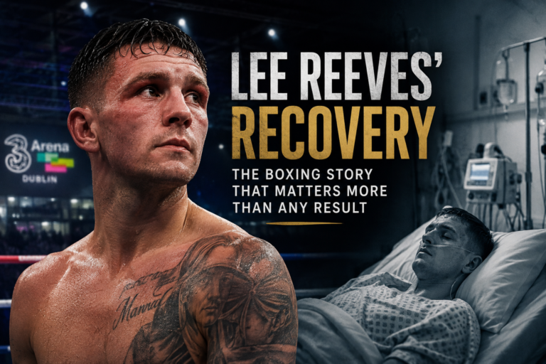 Lee Reeves recovery feature image showing the boxer alongside a hospital scene following his serious boxing injury