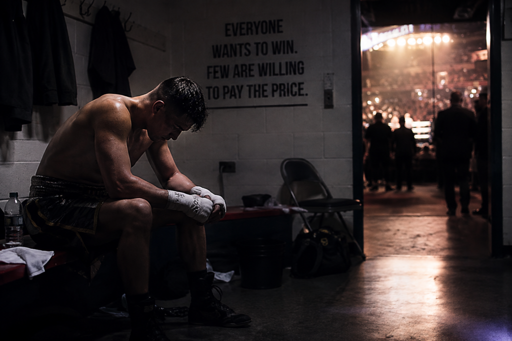 Boxer sitting alone in a dressing room after losing a boxing fight while celebrations continue inside the arena.