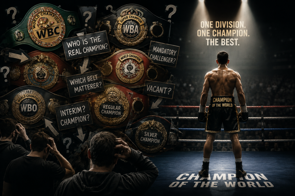 Boxing championship belts representing confusion over multiple world titles beside one boxer standing as the champion of the world