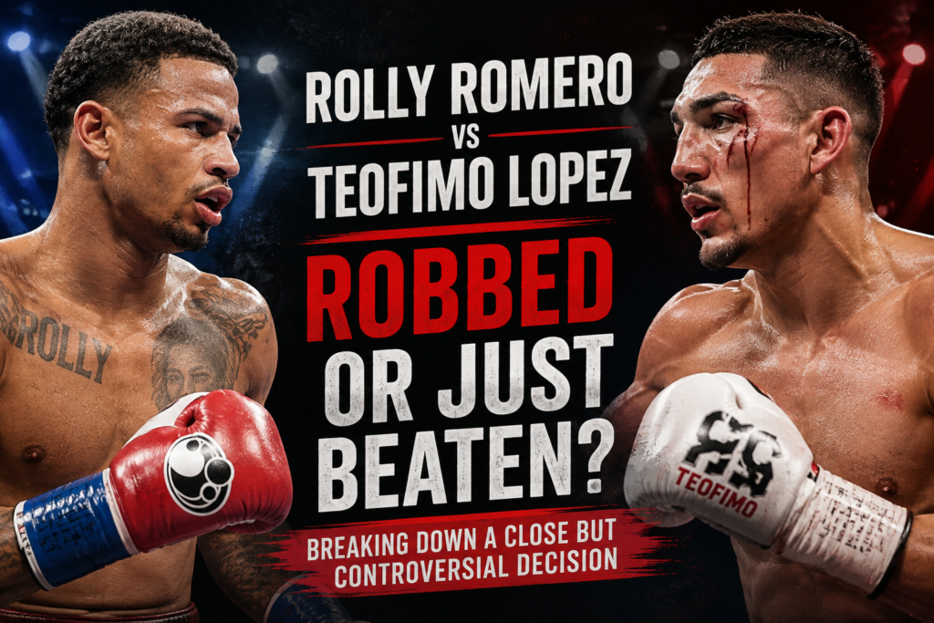 Rolly Romero vs Teofimo Lopez feature image asking whether Romero was robbed or simply beaten in their close decision