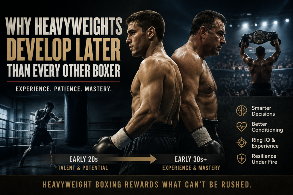 Heavyweight boxer development showing a young heavyweight progressing into an experienced older fighter