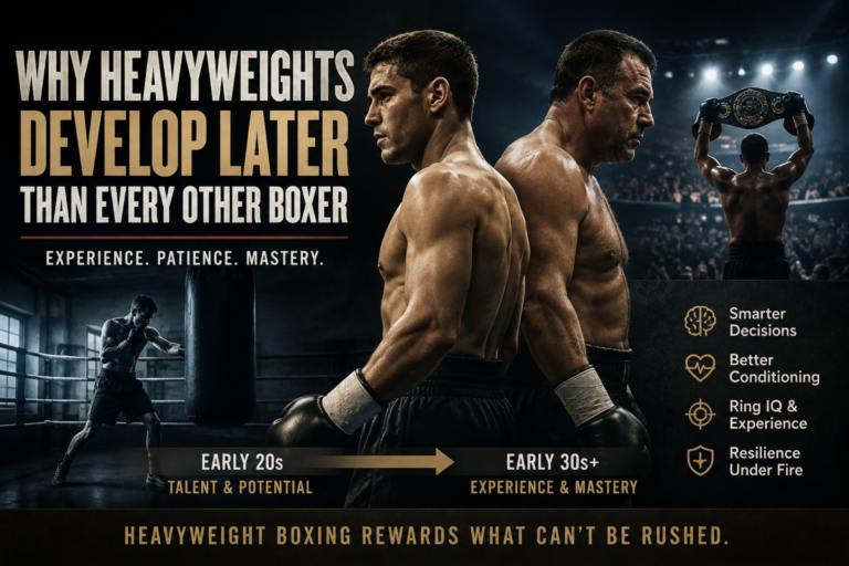 Heavyweight boxer development showing a young heavyweight progressing into an experienced older fighter