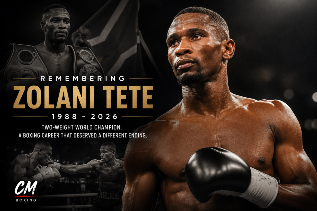 Zolani Tete boxing tribute featuring the two-weight world champion with the dates 1988–2026 and images from his boxing career.