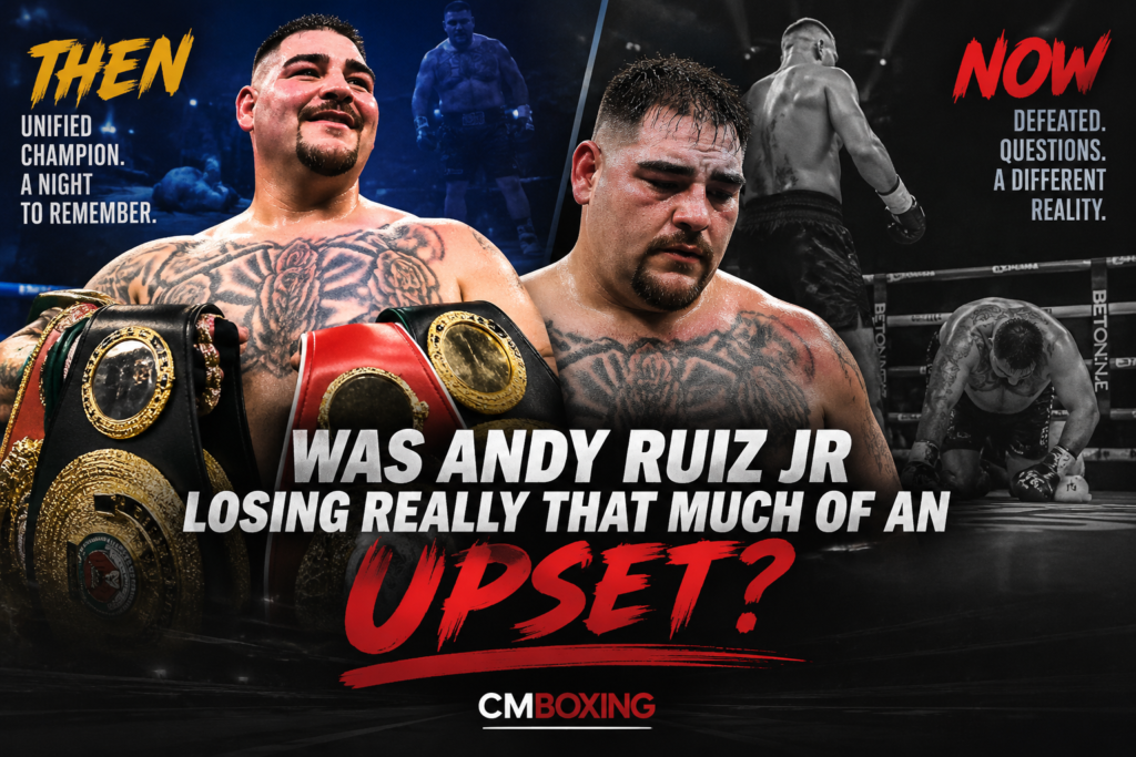Andy Ruiz Jr shown as unified heavyweight champion in 2019 alongside a present-day image reflecting his defeat to Damian Knyba.
