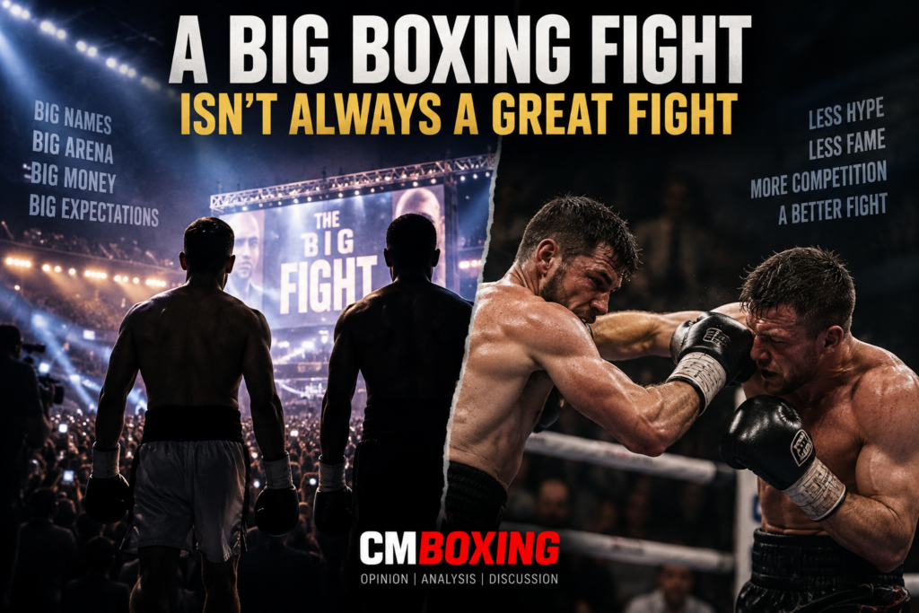 Big boxing fights compared with competitive fights, showing a major arena event alongside two evenly matched boxers in action.