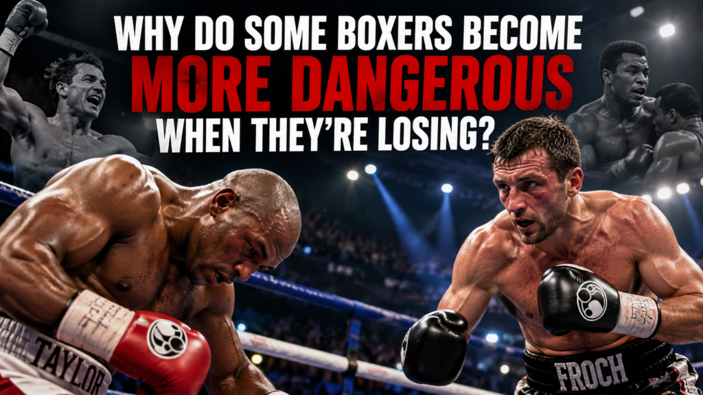 Two battered boxers face off in the ring, illustrating why fighters become more dangerous when losing and how boxing comeback victories happen.