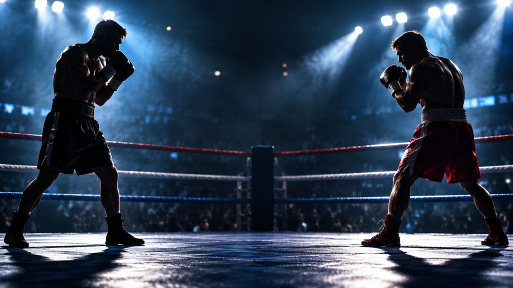 Two boxers face each other in defensive stances under dramatic arena lighting, illustrating the tactical challenge of boxing counter-punching.