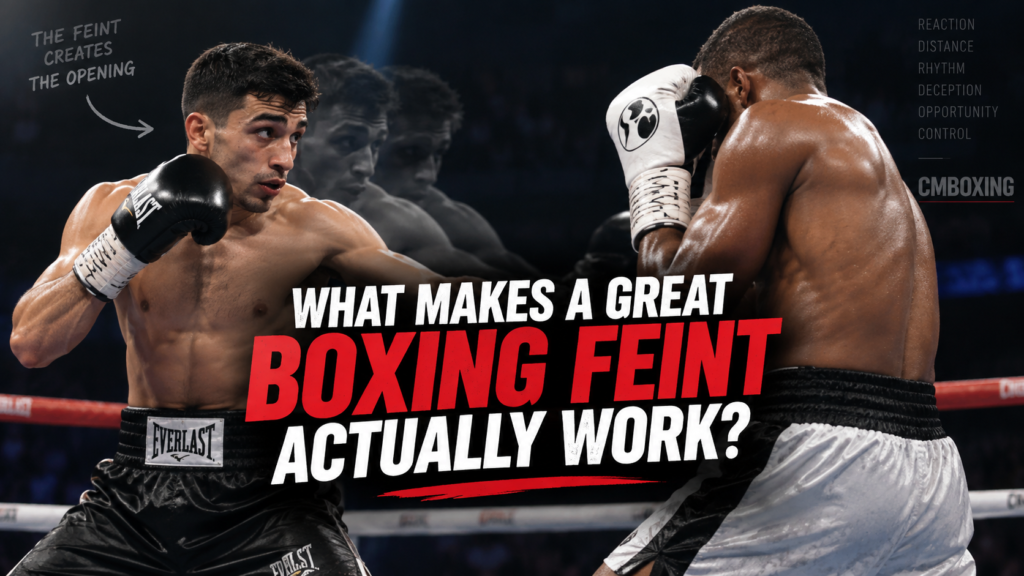 Boxers demonstrating boxing feints in the ring, showing how deception can force a defensive reaction and create an opening.