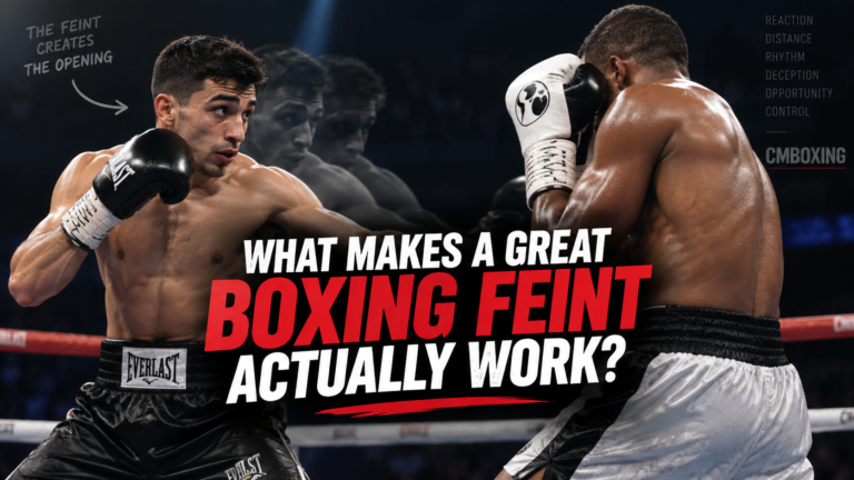 Boxers demonstrating boxing feints in the ring, showing how deception can force a defensive reaction and create an opening.