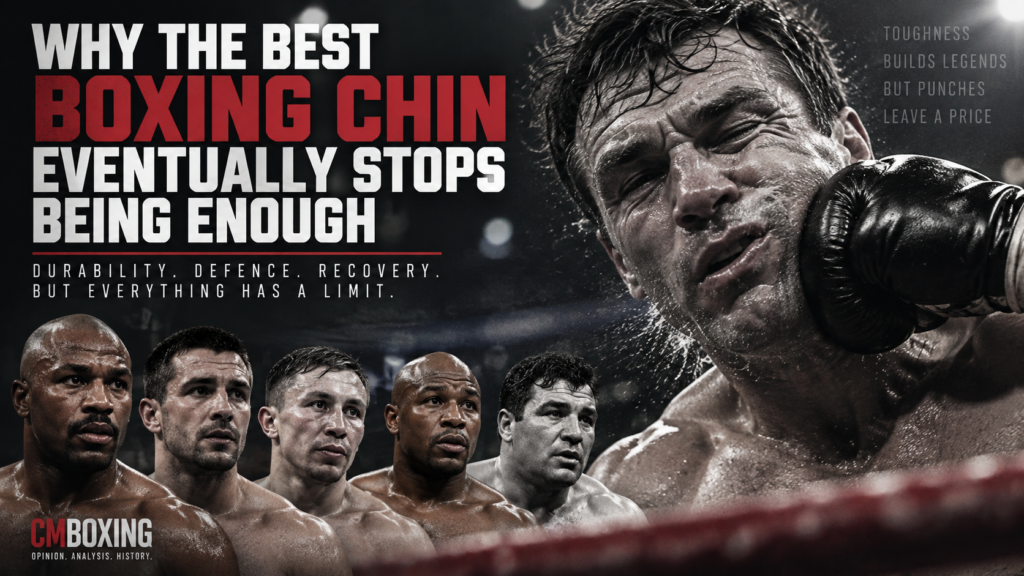 Boxing punch resistance feature image showing a boxer absorbing a heavy punch and the limits of having a great chin